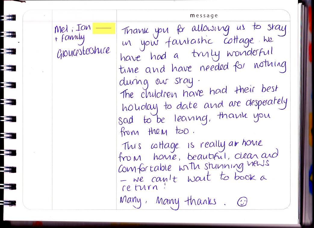 Testimonial of previous guest to the cottage